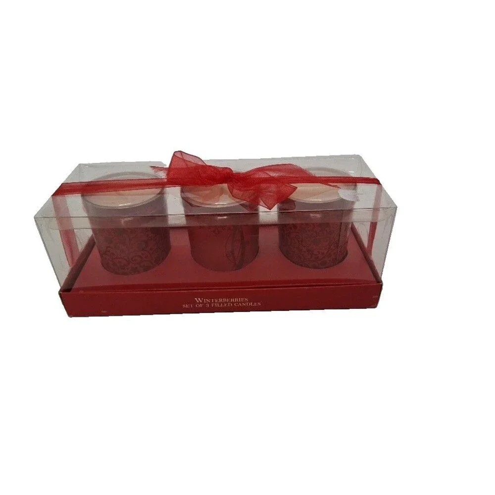WinterBerries Set of  3 Red Votives BOXED Filled CHRISTMAS CANDLES New